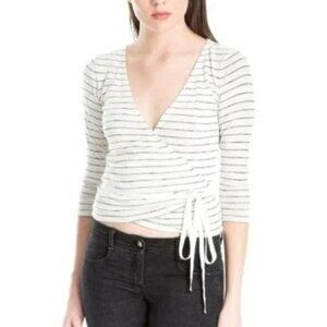 Max Studio White & Black Stripe Wrap Front Long Sleeve Blouse S